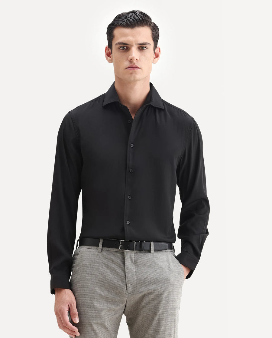Rare Rabbit Men's Lupo Black Polyester Blend Plain Regular Fit Full Sleeve Collared Shirt