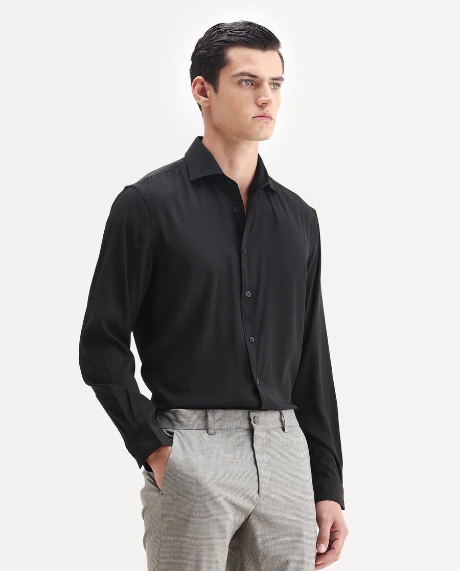 Rare Rabbit Men's Lupo Black Polyester Blend Plain Regular Fit Full Sleeve Collared Shirt