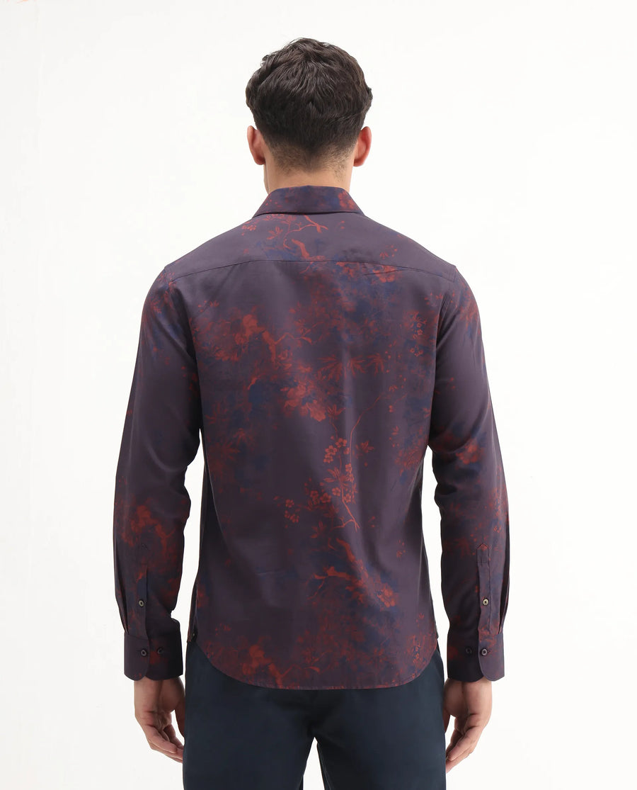 Rare Rabbit Men's Luri Purple Viscose Floral Print Regular Fit Full Sleeve Collared Shirt