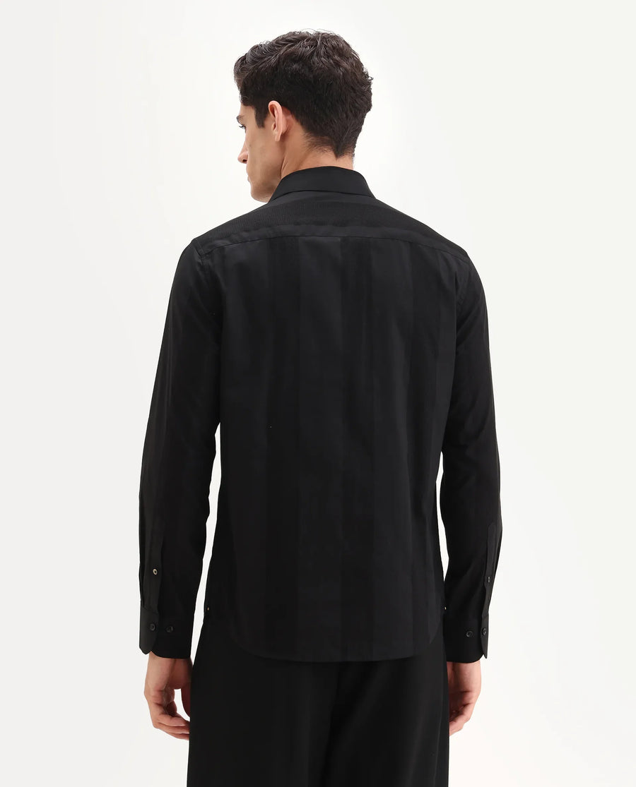 Rare Rabbit Men's Lurtz-25 Black Cotton Spread Collar Regular Fit Jacquard Shirt