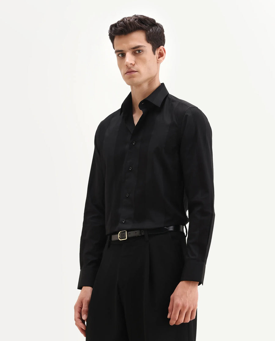 Rare Rabbit Men's Lurtz-25 Black Cotton Spread Collar Regular Fit Jacquard Shirt