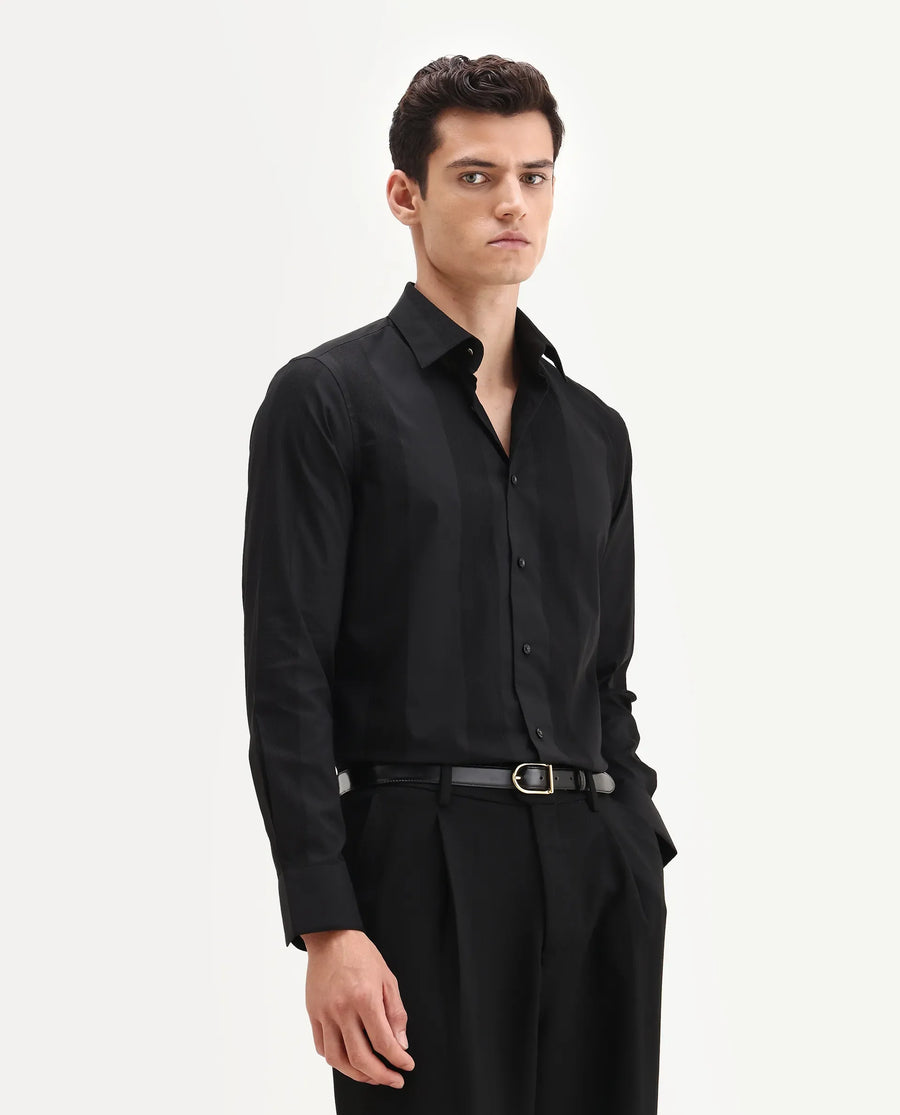 Rare Rabbit Men's Lurtz-25 Black Cotton Spread Collar Regular Fit Jacquard Shirt