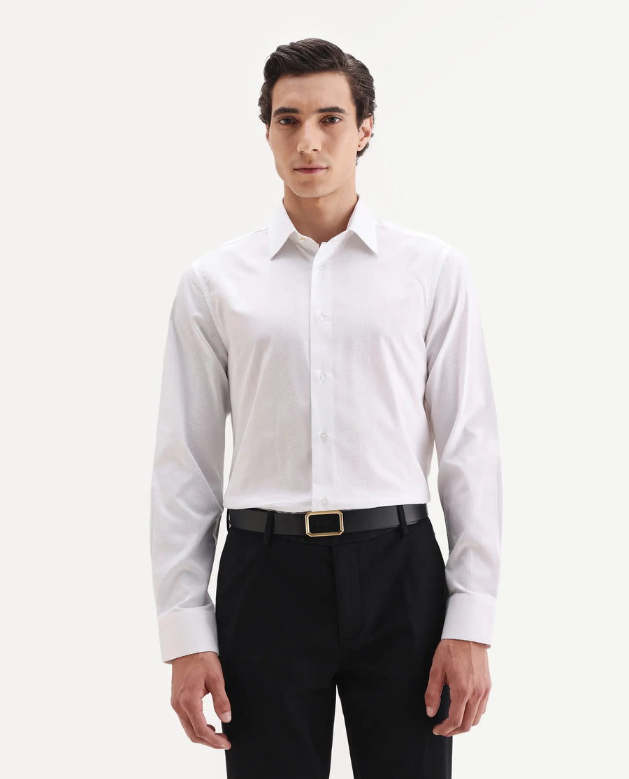 Rare Rabbit Men's Lurtz-25 White Cotton Spread Collar Regular Fit Jacquard Shirt