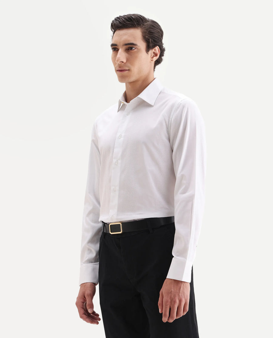 Rare Rabbit Men's Lurtz-25 White Cotton Spread Collar Regular Fit Jacquard Shirt