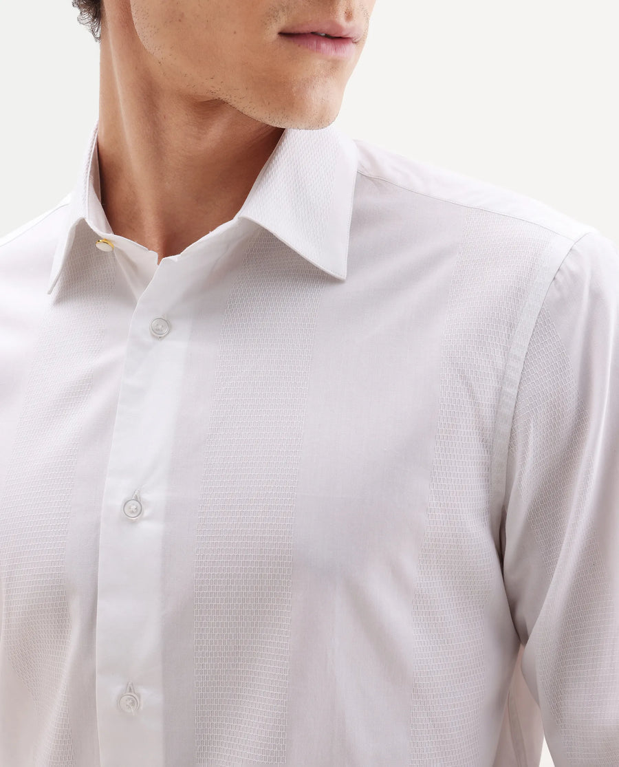 Rare Rabbit Men's Lurtz-25 White Cotton Spread Collar Regular Fit Jacquard Shirt