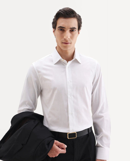 Rare Rabbit Men's Lurtz-25 White Cotton Spread Collar Regular Fit Jacquard Shirt