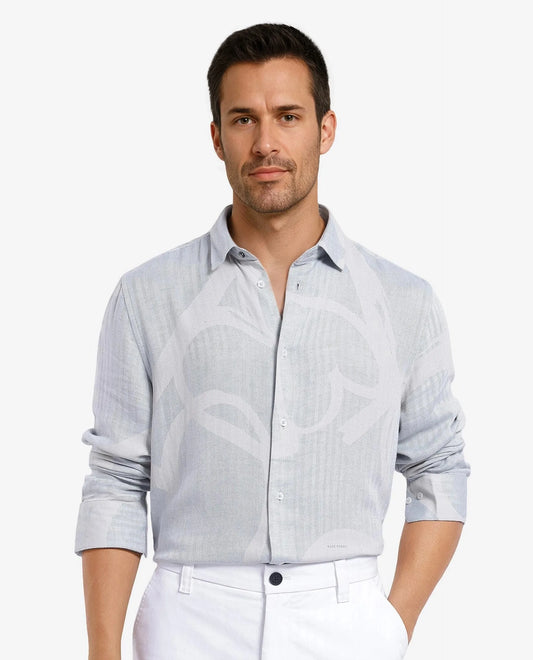 Rare Rabbit Men's Lusia-1 Off White Cotton Jacquard Regular Fit Full Sleeve Collared Shirt