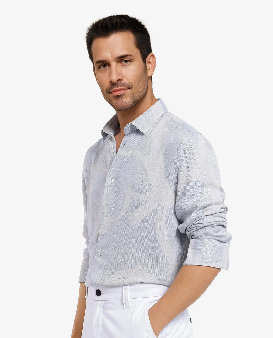 Rare Rabbit Men's Lusia-1 Off White Cotton Jacquard Regular Fit Full Sleeve Collared Shirt