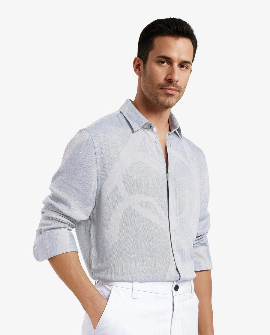 Rare Rabbit Men's Lusia-1 Off White Cotton Jacquard Regular Fit Full Sleeve Collared Shirt