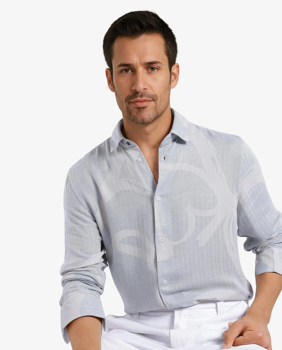 Rare Rabbit Men's Lusia-1 Off White Cotton Jacquard Regular Fit Full Sleeve Collared Shirt