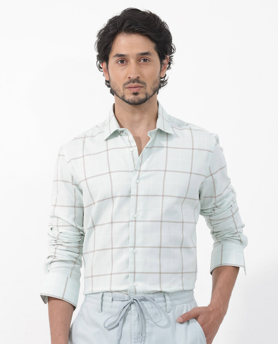 Rare Rabbit Men's Carrie Pastel Blue Cotton Checked Print Regular Fit Full Sleeve Collared Shirt