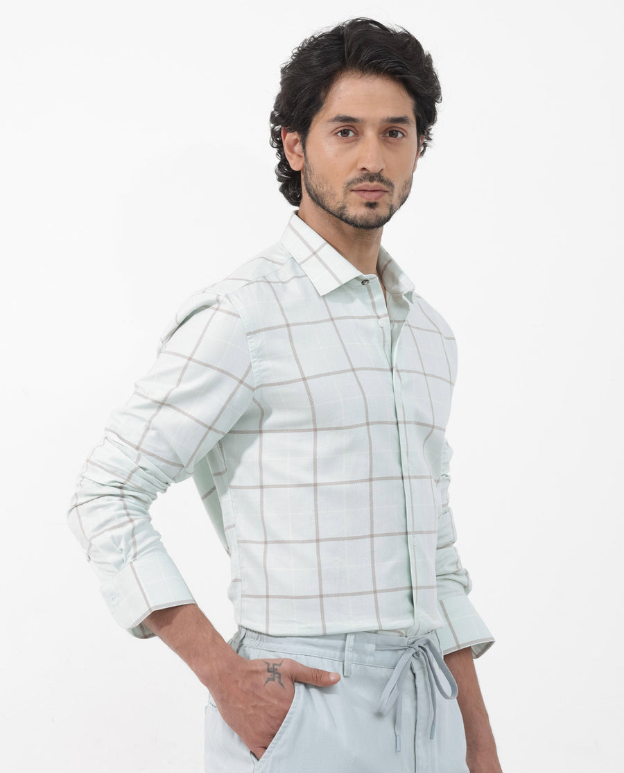 Rare Rabbit Men's Carrie Pastel Blue Cotton Checked Print Regular Fit Full Sleeve Collared Shirt