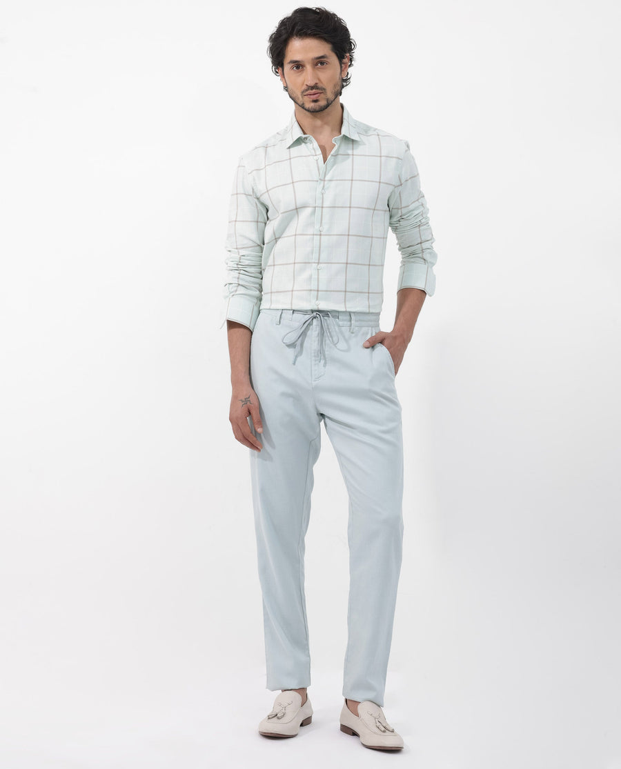 Rare Rabbit Men's Carrie Pastel Blue Cotton Checked Print Regular Fit Full Sleeve Collared Shirt