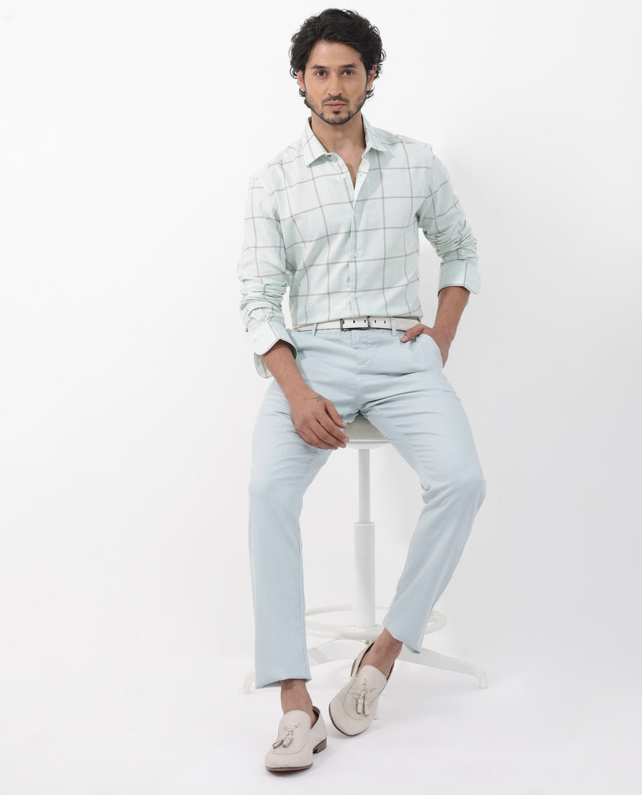 Rare Rabbit Men's Carrie Pastel Blue Cotton Checked Print Regular Fit Full Sleeve Collared Shirt