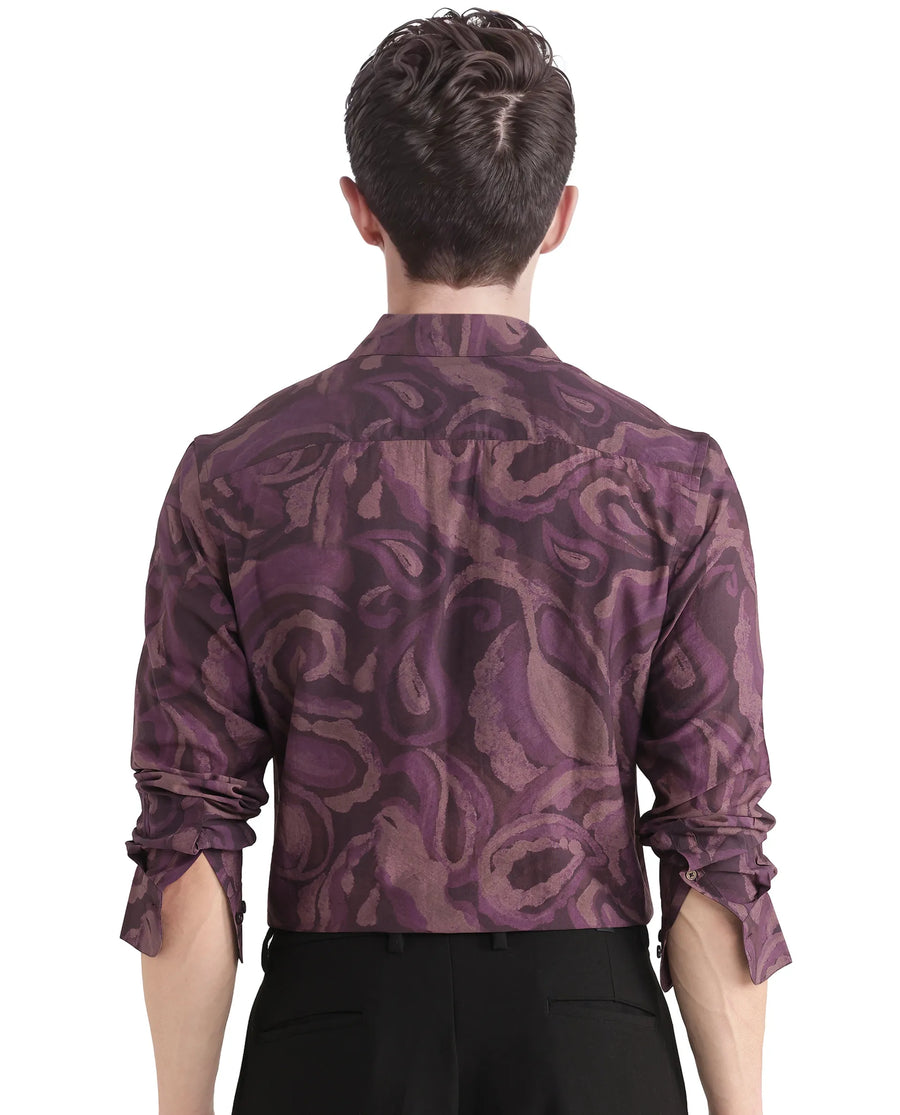 Rare Rabbit Men's Luth Dark Purple Viscose Blend Paisley Print Regular Fit Full Sleeve Collared Shirt