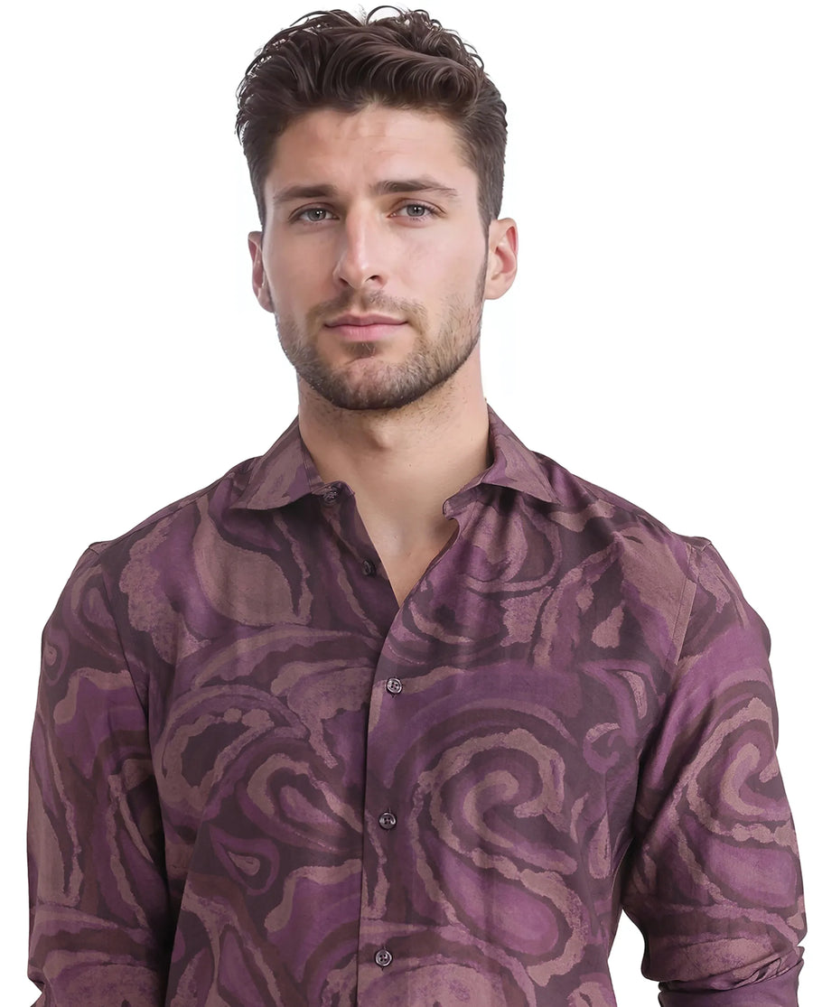 Rare Rabbit Men's Luth Dark Purple Viscose Blend Paisley Print Regular Fit Full Sleeve Collared Shirt