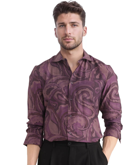 Rare Rabbit Men's Luth Dark Purple Viscose Blend Paisley Print Regular Fit Full Sleeve Collared Shirt