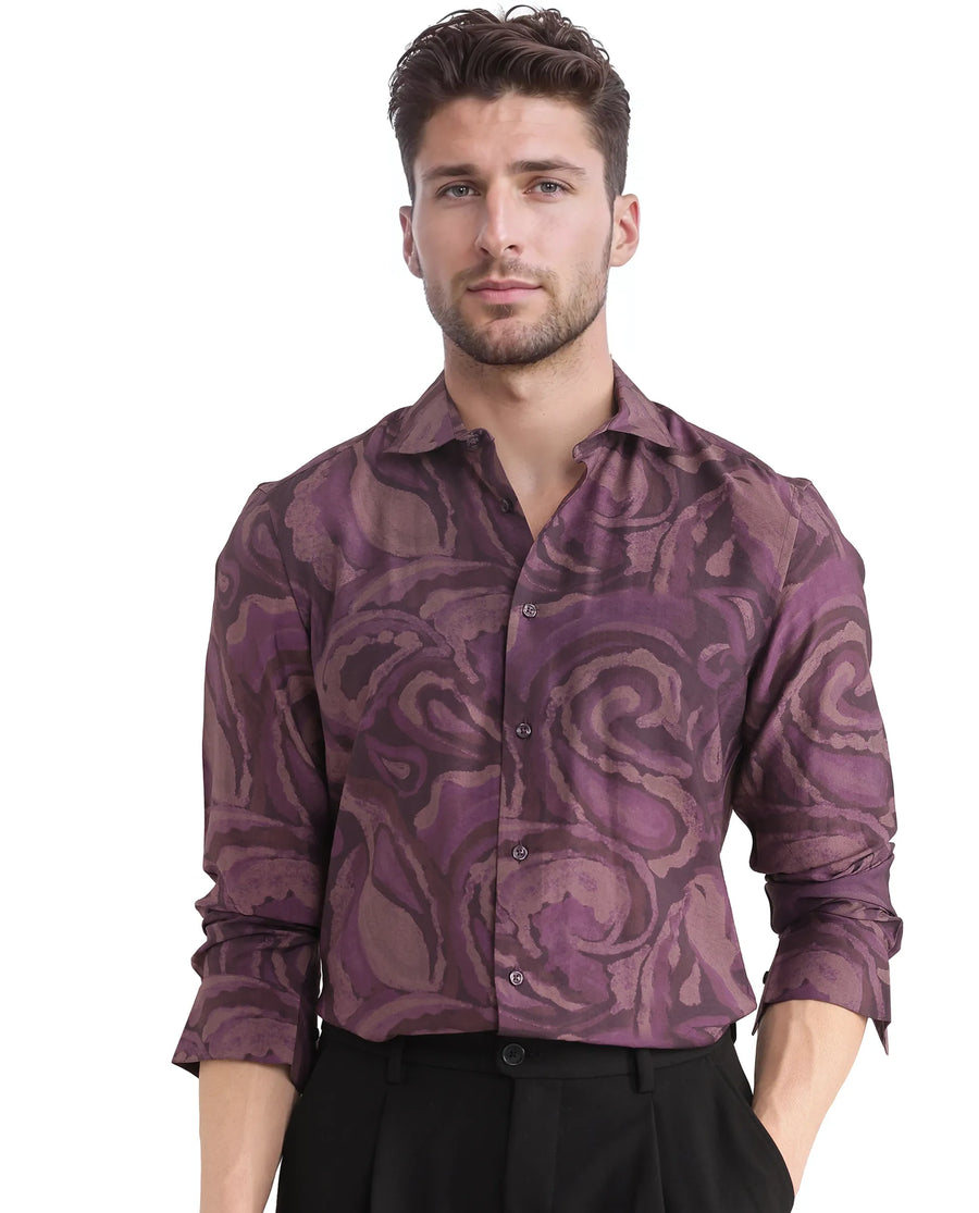 Rare Rabbit Men's Luth Dark Purple Viscose Blend Paisley Print Regular Fit Full Sleeve Collared Shirt