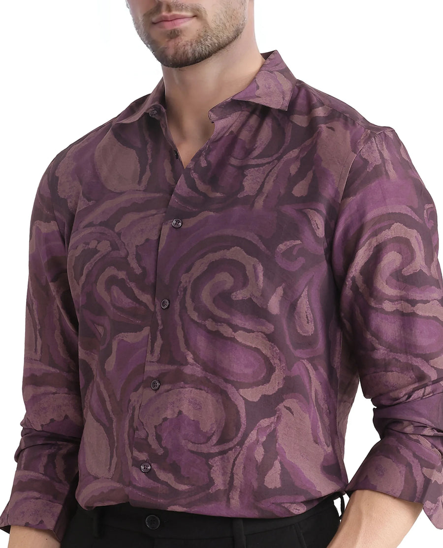 Rare Rabbit Men's Luth Dark Purple Viscose Blend Paisley Print Regular Fit Full Sleeve Collared Shirt