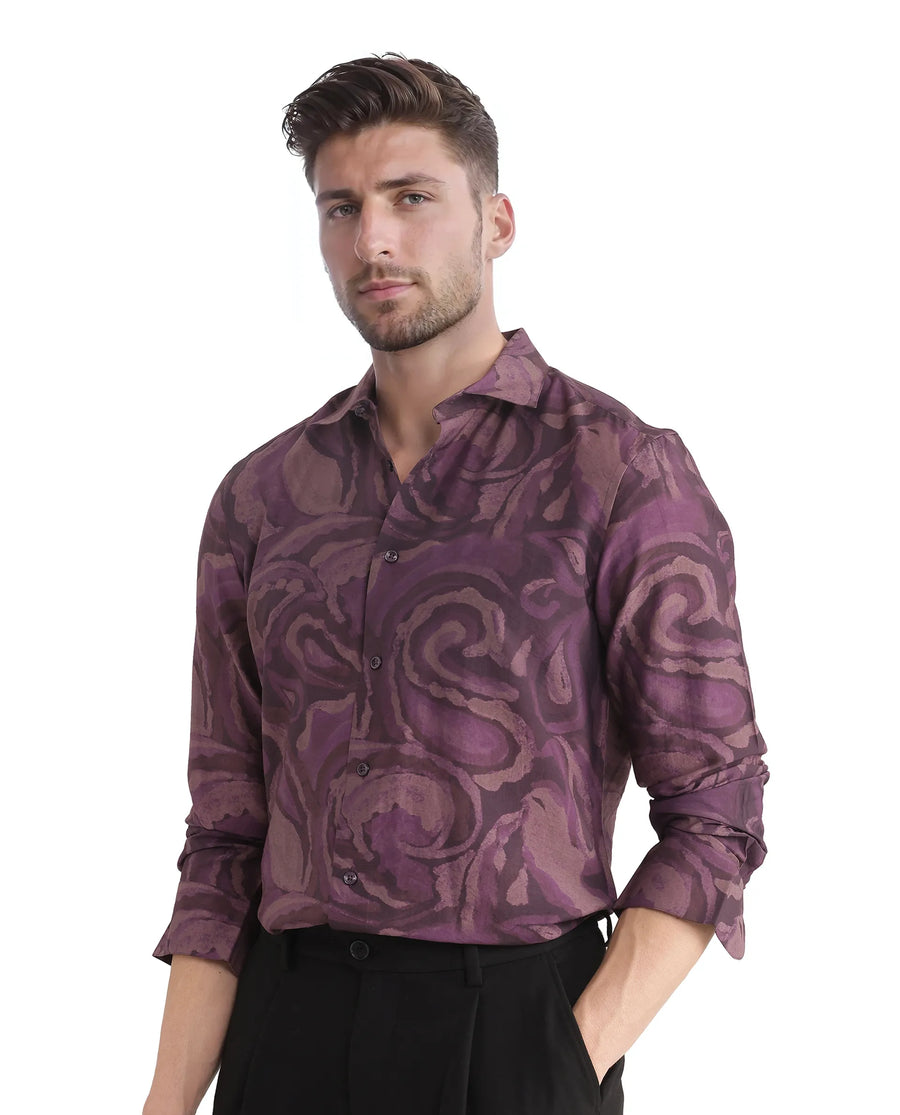 Rare Rabbit Men's Luth Dark Purple Viscose Blend Paisley Print Regular Fit Full Sleeve Collared Shirt