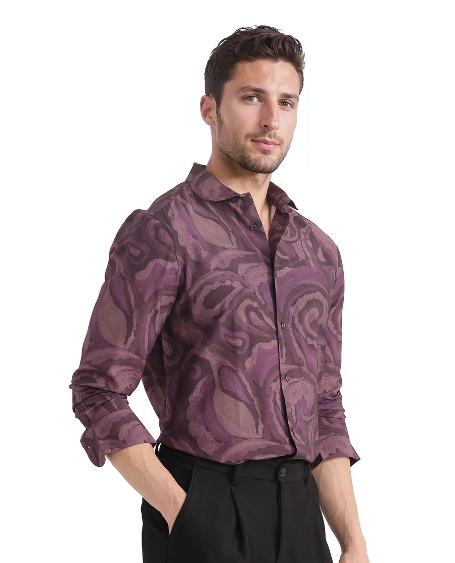 Rare Rabbit Men's Luth Dark Purple Viscose Blend Paisley Print Regular Fit Full Sleeve Collared Shirt
