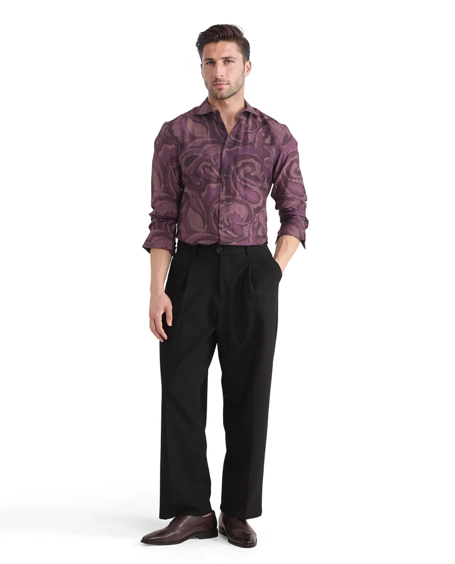 Rare Rabbit Men's Luth Dark Purple Viscose Blend Paisley Print Regular Fit Full Sleeve Collared Shirt