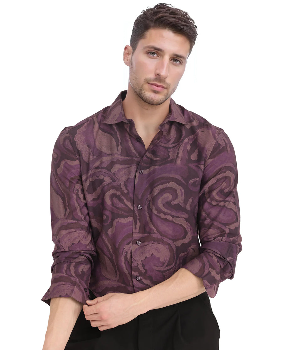 Rare Rabbit Men's Luth Dark Purple Viscose Blend Paisley Print Regular Fit Full Sleeve Collared Shirt