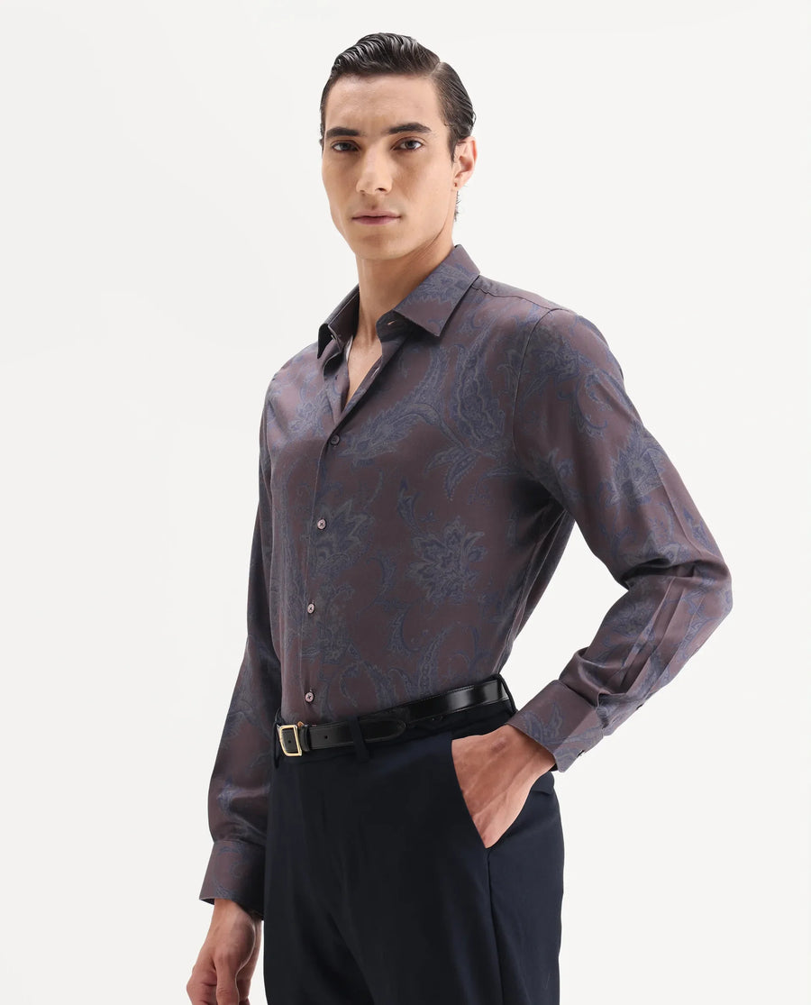 Rare Rabbit Men's Luto Dusky Red Viscose Blend Fabric Collared Neck Regular Fit Paisley Print Shirt