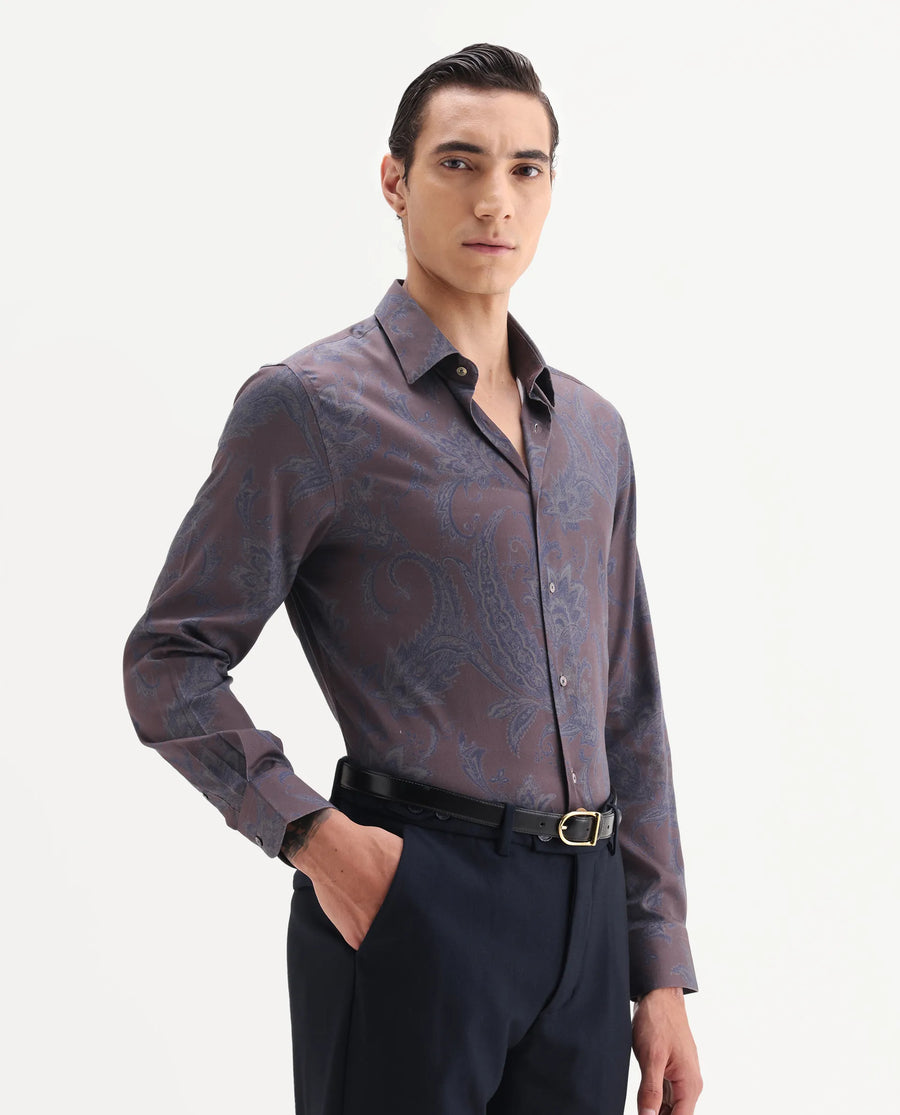 Rare Rabbit Men's Luto Dusky Red Viscose Blend Fabric Collared Neck Regular Fit Paisley Print Shirt