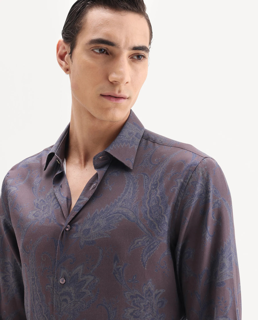 Rare Rabbit Men's Luto Dusky Red Viscose Blend Fabric Collared Neck Regular Fit Paisley Print Shirt