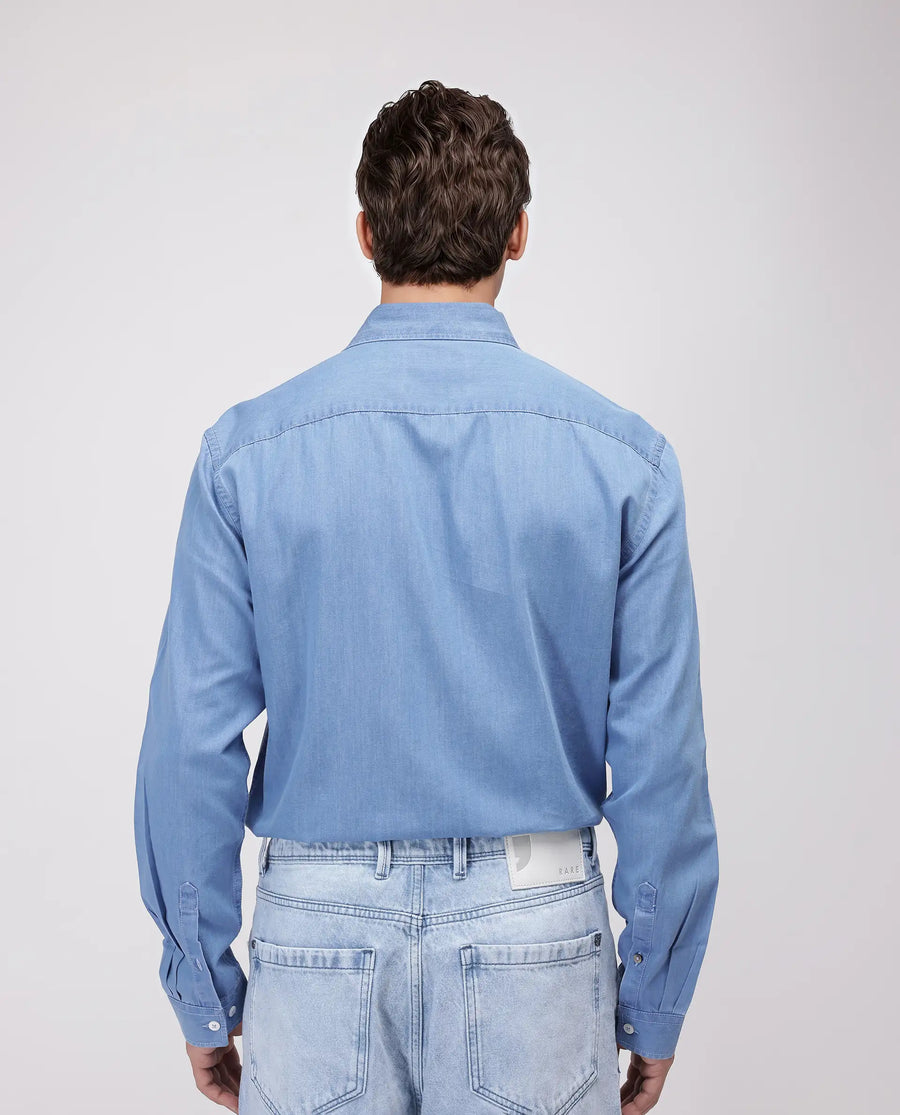 Rare Rabbit Men's Luuk Blue Cotton Blend Plain Regular Fit Full Sleeve Collared Shirt