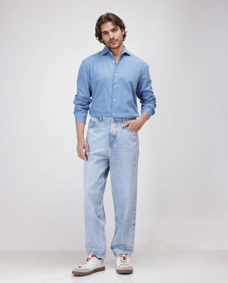 Rare Rabbit Men's Luuk Blue Cotton Blend Plain Regular Fit Full Sleeve Collared Shirt