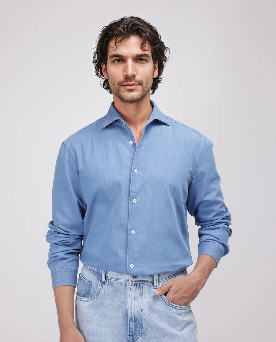 Rare Rabbit Men's Luuk Blue Cotton Blend Plain Regular Fit Full Sleeve Collared Shirt