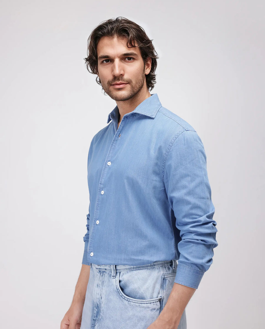 Rare Rabbit Men's Luuk Blue Cotton Blend Plain Regular Fit Full Sleeve Collared Shirt