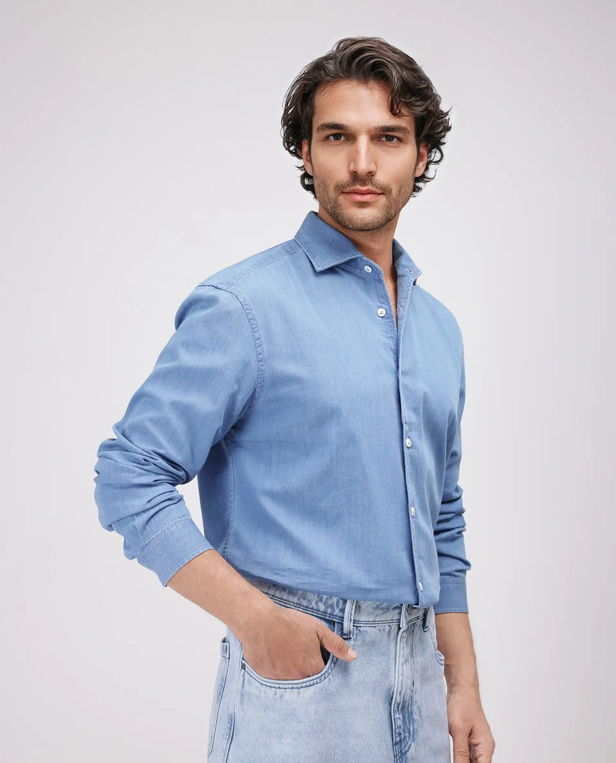 Rare Rabbit Men's Luuk Blue Cotton Blend Plain Regular Fit Full Sleeve Collared Shirt