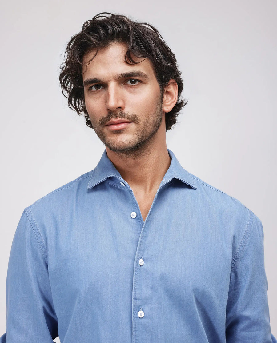 Rare Rabbit Men's Luuk Blue Cotton Blend Plain Regular Fit Full Sleeve Collared Shirt