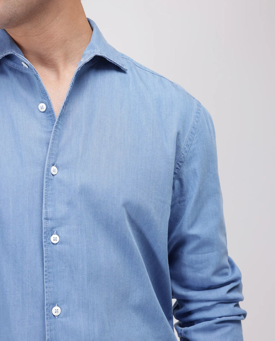 Rare Rabbit Men's Luuk Blue Cotton Blend Plain Regular Fit Full Sleeve Collared Shirt