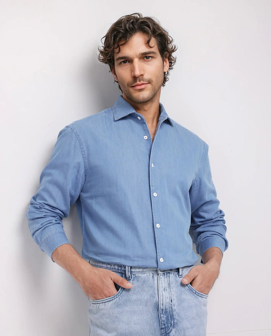 Rare Rabbit Men's Luuk Blue Cotton Blend Plain Regular Fit Full Sleeve Collared Shirt