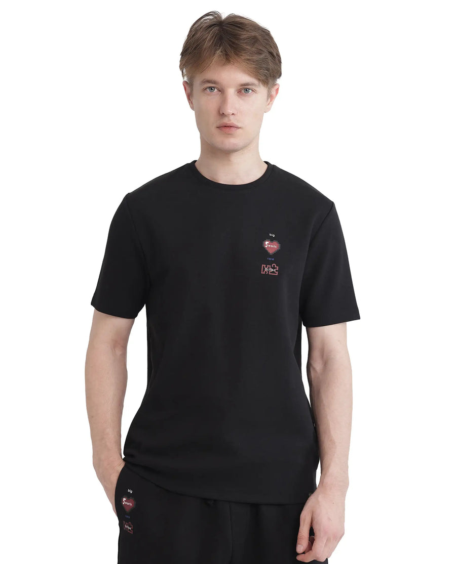 Rare Rabbit Men's Luxa Black Cotton Blend Graphic Print Regular Fit Half Sleeve Crew Neck T-Shirt