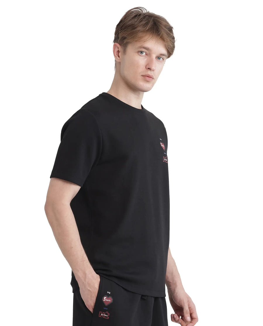 Rare Rabbit Men's Luxa Black Cotton Blend Graphic Print Regular Fit Half Sleeve Crew Neck T-Shirt