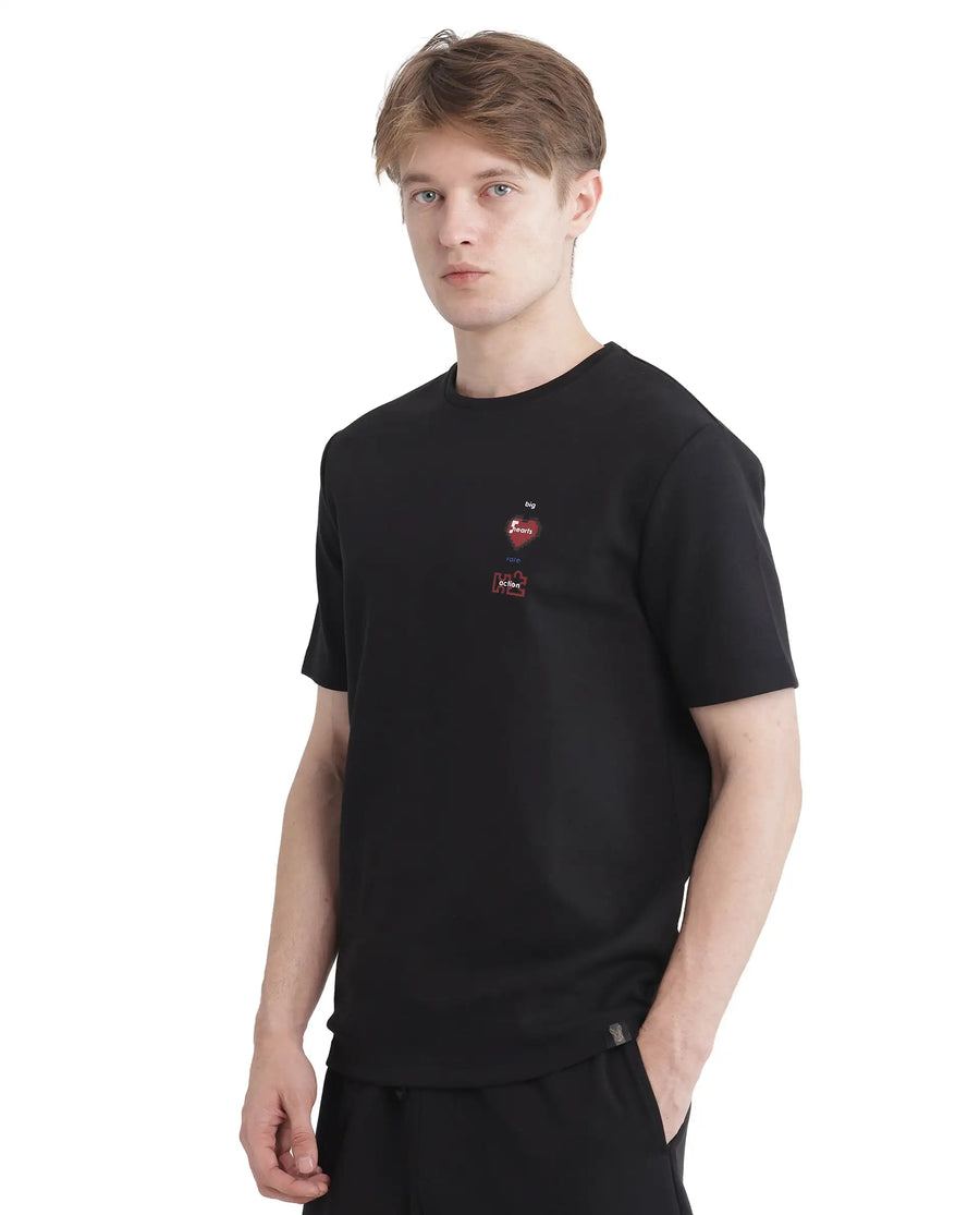 Rare Rabbit Men's Luxa Black Cotton Blend Graphic Print Regular Fit Half Sleeve Crew Neck T-Shirt