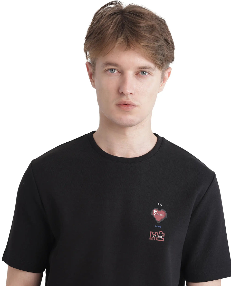 Rare Rabbit Men's Luxa Black Cotton Blend Graphic Print Regular Fit Half Sleeve Crew Neck T-Shirt