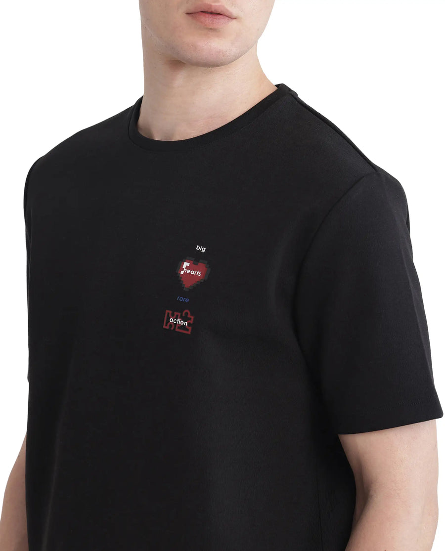 Rare Rabbit Men's Luxa Black Cotton Blend Graphic Print Regular Fit Half Sleeve Crew Neck T-Shirt