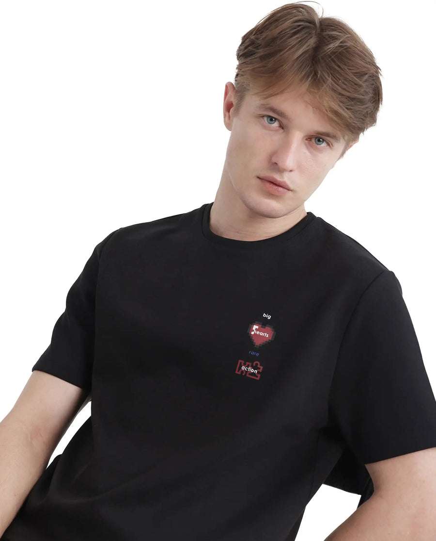 Rare Rabbit Men's Luxa Black Cotton Blend Graphic Print Regular Fit Half Sleeve Crew Neck T-Shirt