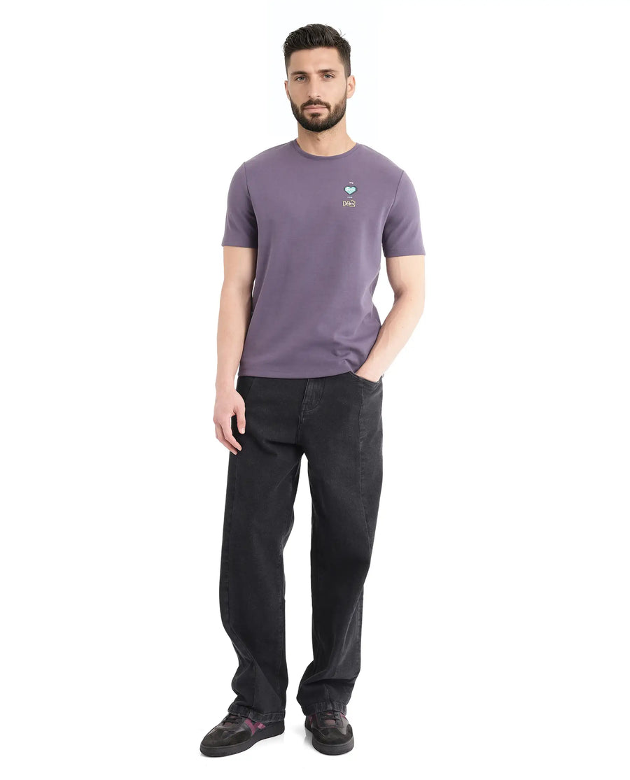 Rare Rabbit Men's Luxa Pastel Purple Cotton Blend Graphic Print Regular Fit Half Sleeve Crew Neck T-Shirt