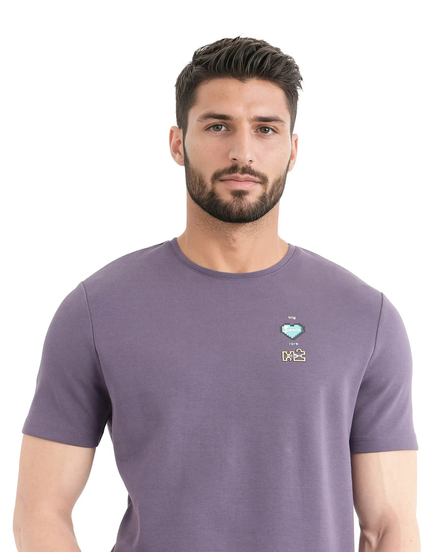 Rare Rabbit Men's Luxa Pastel Purple Cotton Blend Graphic Print Regular Fit Half Sleeve Crew Neck T-Shirt