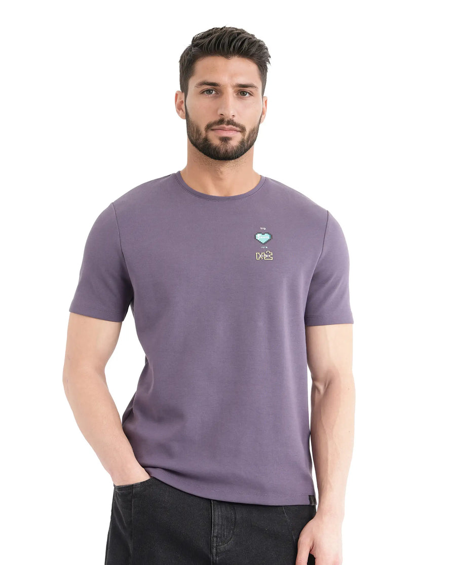 Rare Rabbit Men's Luxa Pastel Purple Cotton Blend Graphic Print Regular Fit Half Sleeve Crew Neck T-Shirt