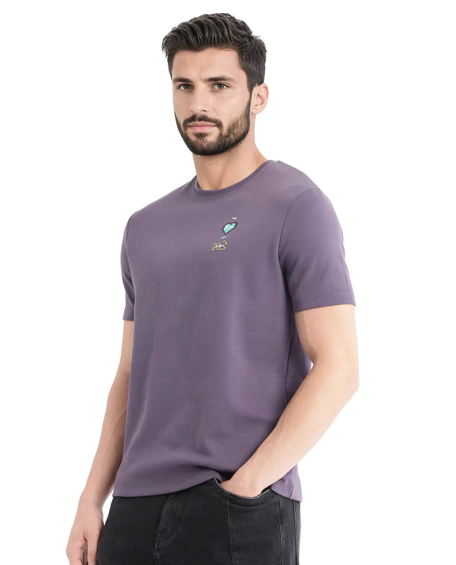 Rare Rabbit Men's Luxa Pastel Purple Cotton Blend Graphic Print Regular Fit Half Sleeve Crew Neck T-Shirt
