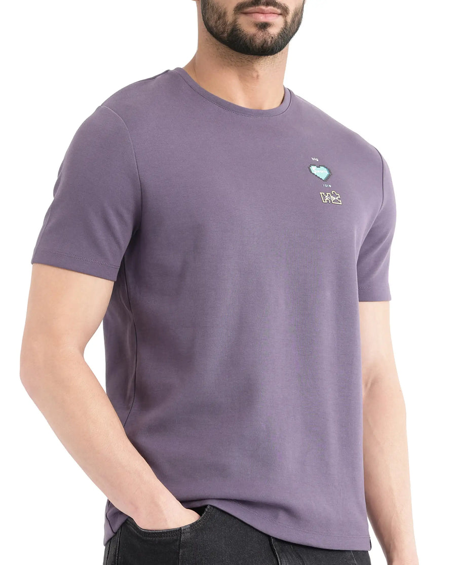 Rare Rabbit Men's Luxa Pastel Purple Cotton Blend Graphic Print Regular Fit Half Sleeve Crew Neck T-Shirt