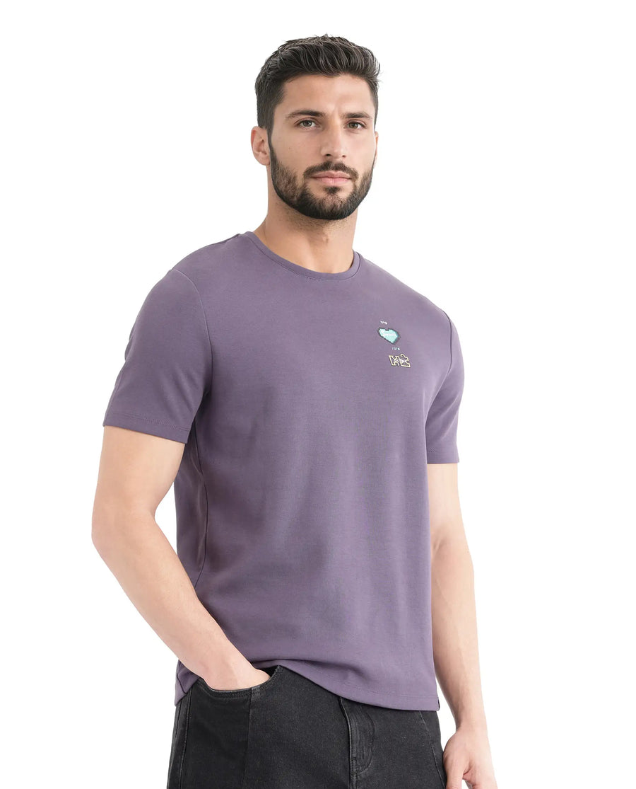 Rare Rabbit Men's Luxa Pastel Purple Cotton Blend Graphic Print Regular Fit Half Sleeve Crew Neck T-Shirt